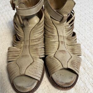 Womens Beige Strappy Suede Heeled Sandals